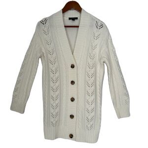 Ann Taylor Cardigan Women S Ivory Tortoise Button Cable Knit Stretch Warm Cozy
